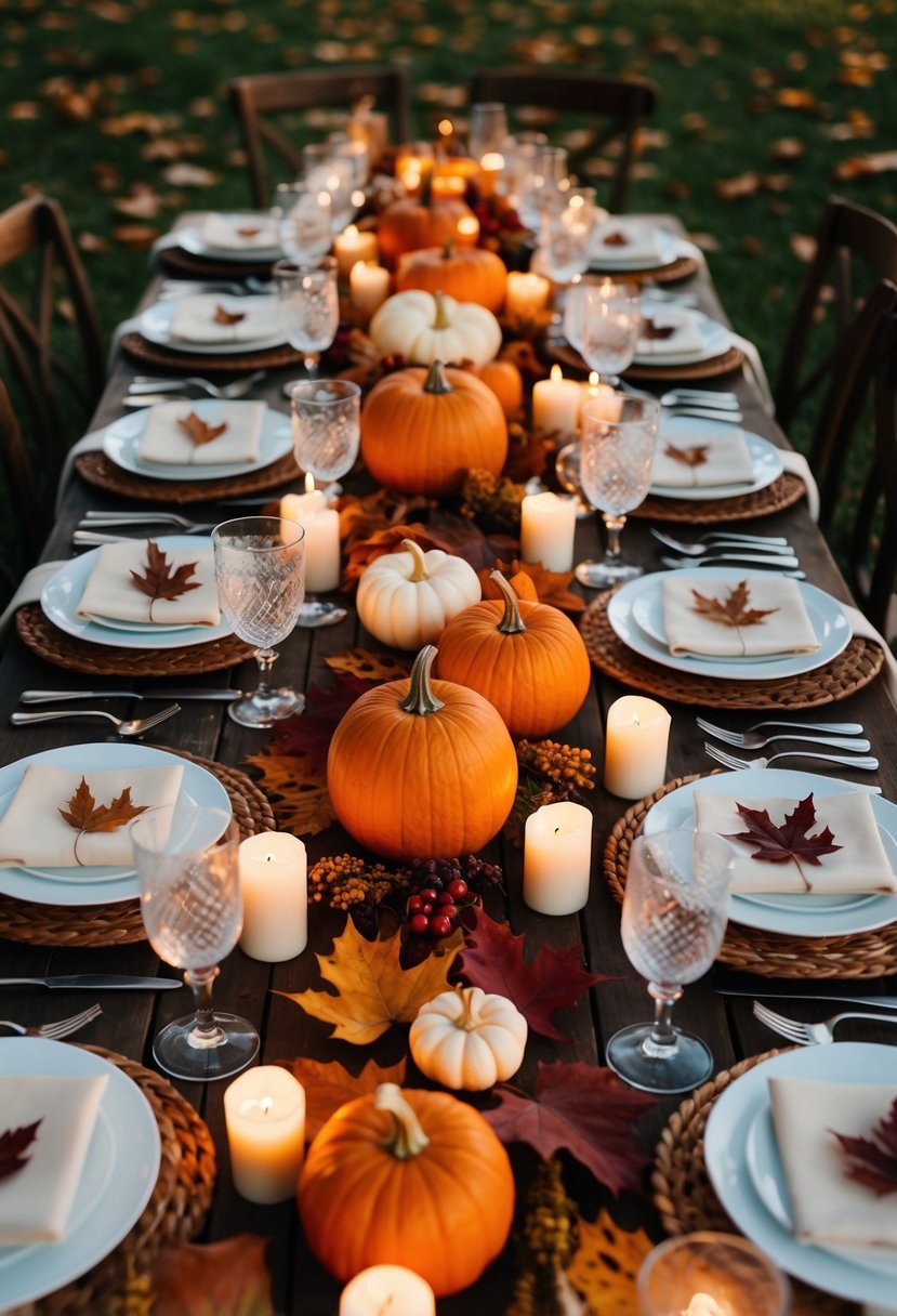 An outdoor wedding table adorned with richly colored leaves, pumpkins, and candles, creating a warm and inviting autumnal atmosphere