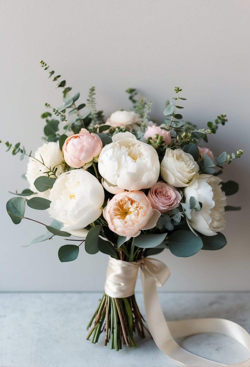 A delicate bouquet of ivory and blush peonies, roses, and eucalyptus tied with silk ribbon