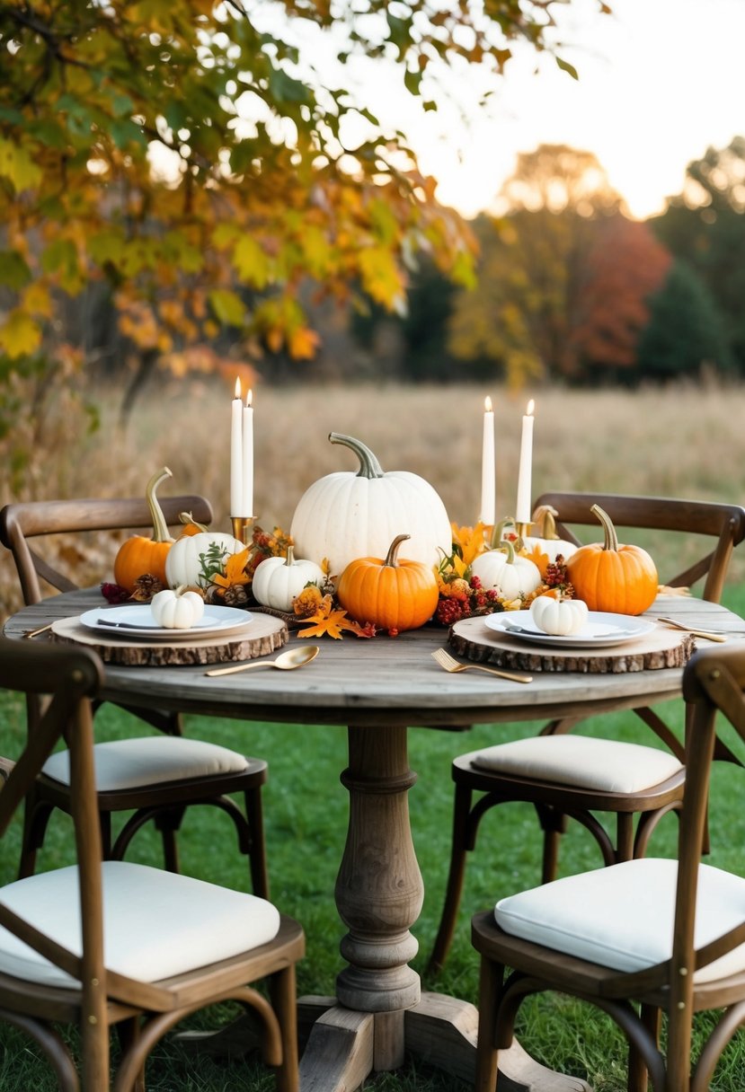 A rustic wooden sweetheart table adorned with fall foliage, pumpkins, and candles