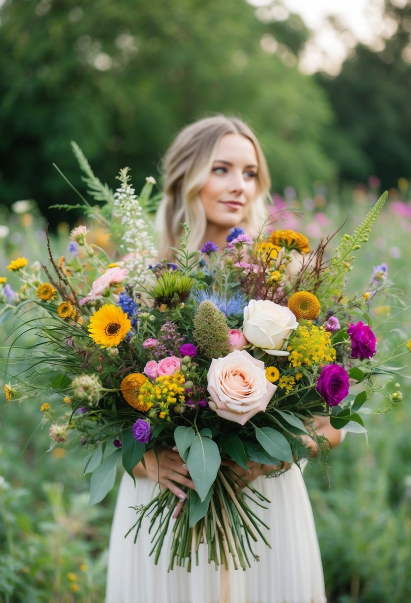 A colorful assortment of wildflowers, roses, and greenery arranged in a loose, bohemian style bouquet