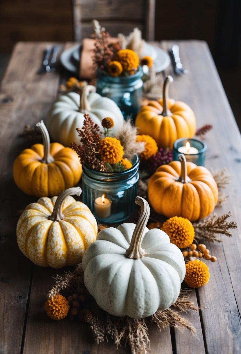 A rustic wooden table adorned with seasonal gourds, dried flowers, and recycled glass candle holders in warm earthy tones