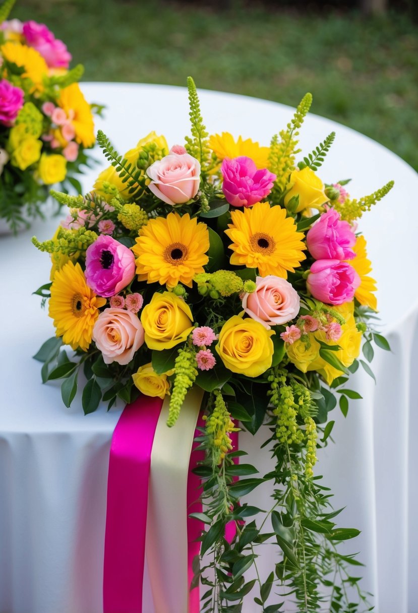 A vibrant bouquet of yellow and pink flowers arranged in a cascading style, with greenery and ribbons, sitting on a white table