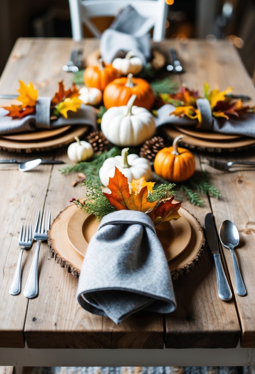 A rustic wooden table set with felt napkin rings, adorned with fall foliage and small pumpkins