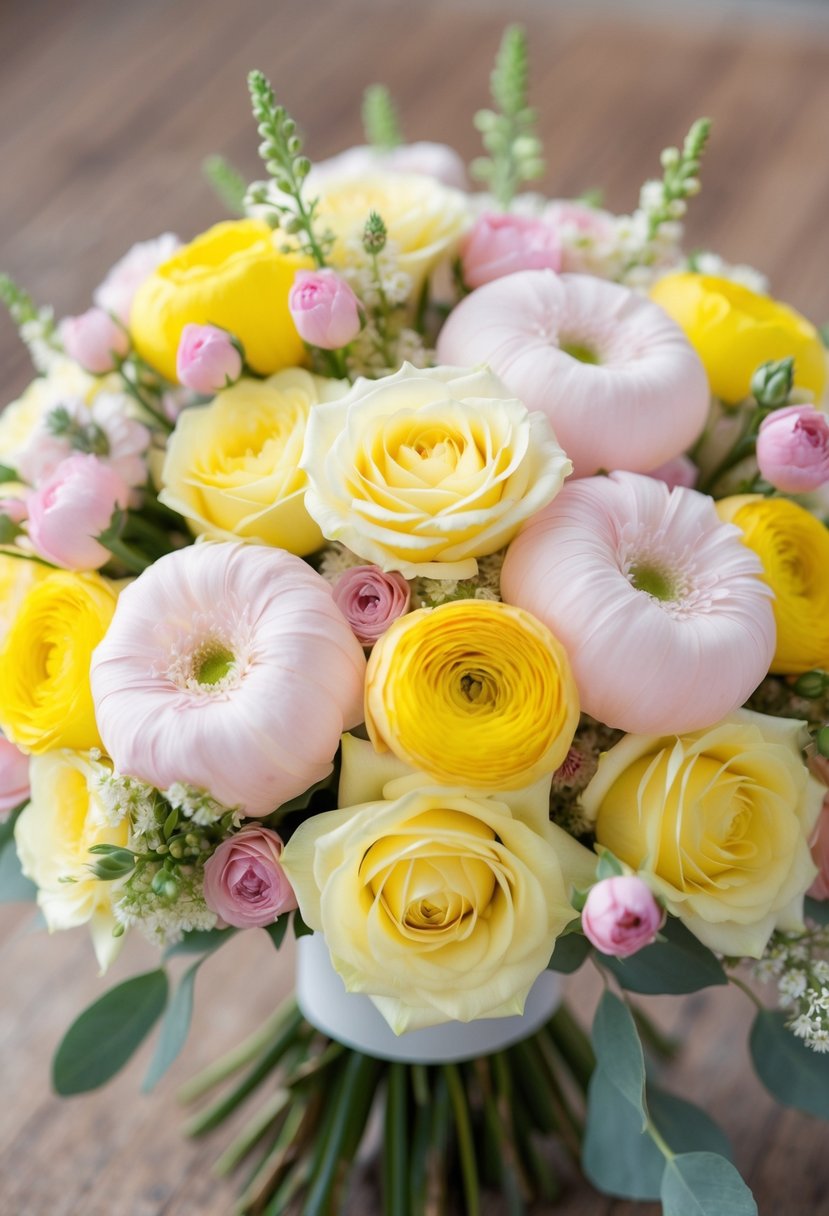 A delicate bouquet of soft yellow and pink flowers, arranged in a romantic and pastel color scheme