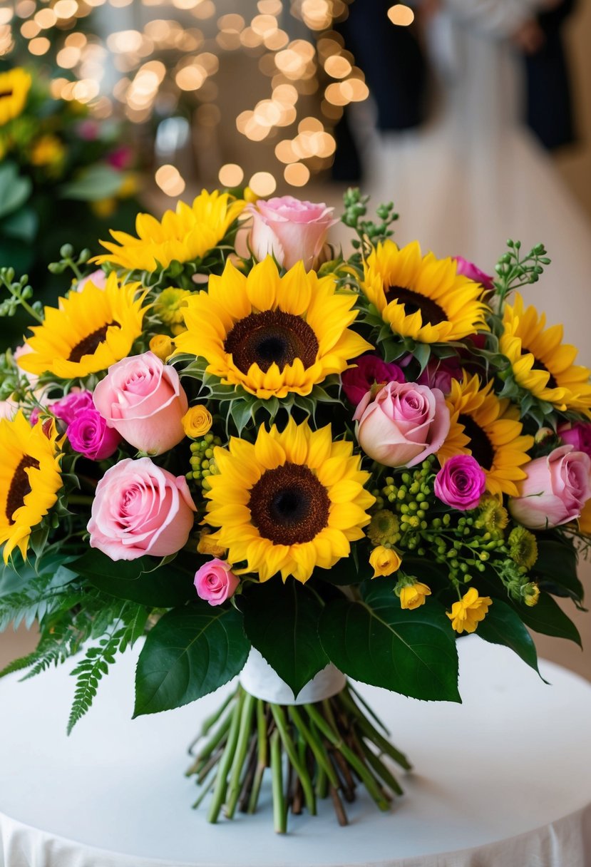 A vibrant bouquet featuring sunflowers and roses in yellow and pink, arranged in a lush and elegant style