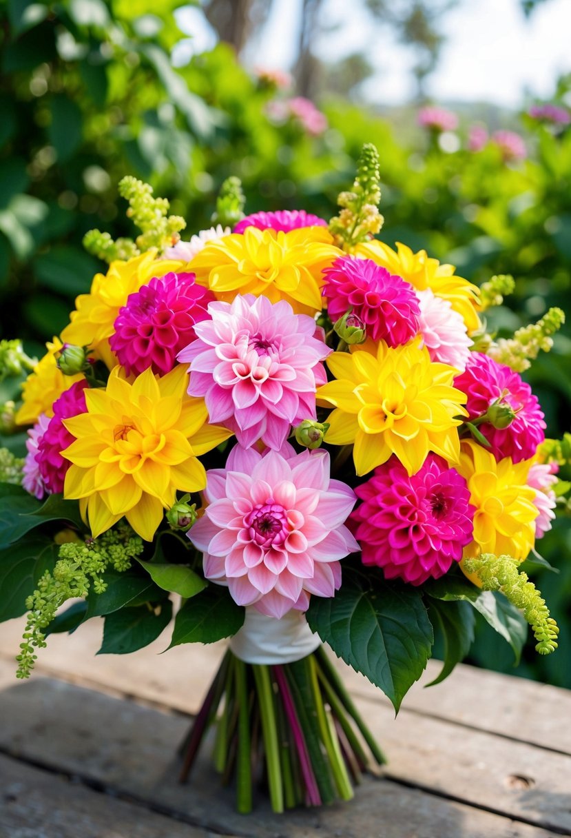 A vibrant yellow and pink wedding bouquet featuring cheerful dahlia delight flowers in full bloom, surrounded by lush green foliage