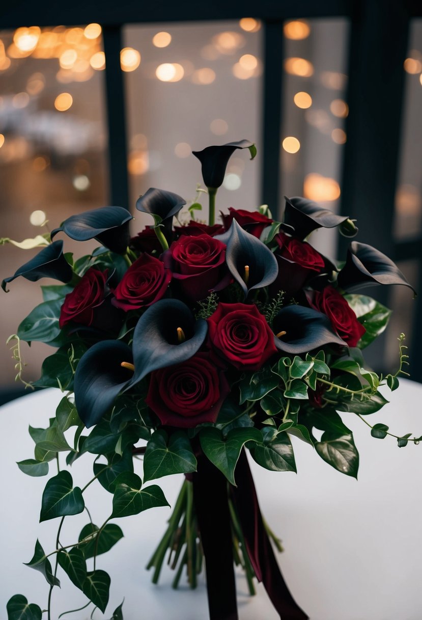 A dark bouquet of deep red roses, black calla lilies, and trailing ivy, tied with a velvet ribbon