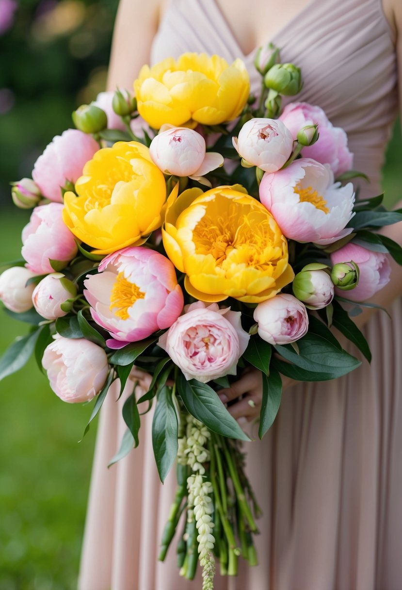 A bouquet of vibrant yellow peonies and soft pink roses arranged in an elegant, cascading style