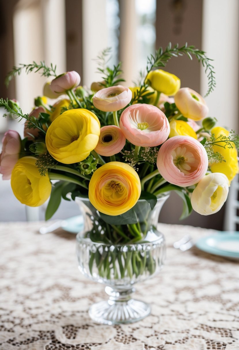 A vibrant bouquet of ranunculus in shades of sunny yellow and blush pink, accented with delicate greenery, sits in a crystal vase on a lace-covered table