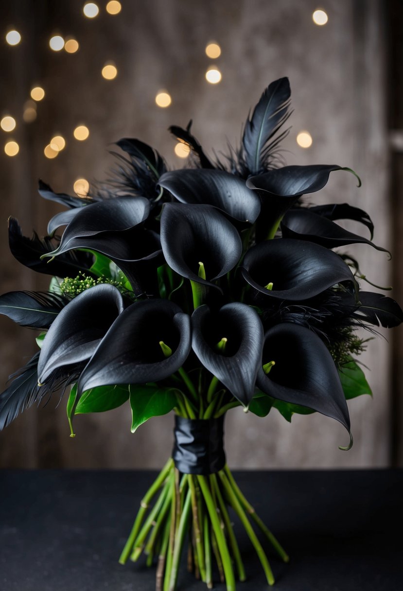 A bouquet of black calla lilies intertwined with feathers, creating a dark and elegant gothic wedding arrangement