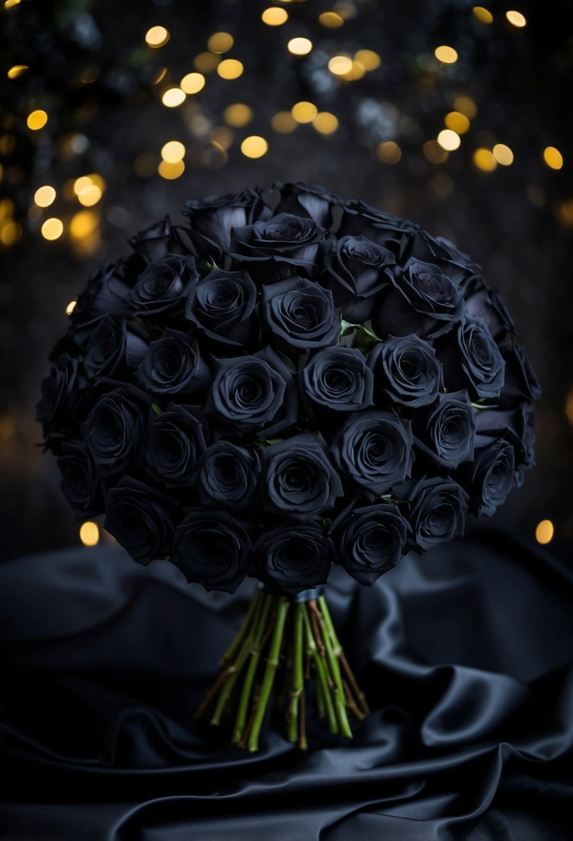 A bouquet of dark red roses dyed black, arranged in a dramatic and gothic style