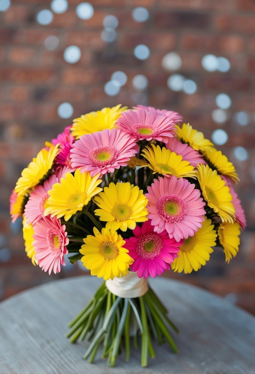 A vibrant bunch of yellow and pink Gerbera daisies arranged in a playful and whimsical wedding bouquet