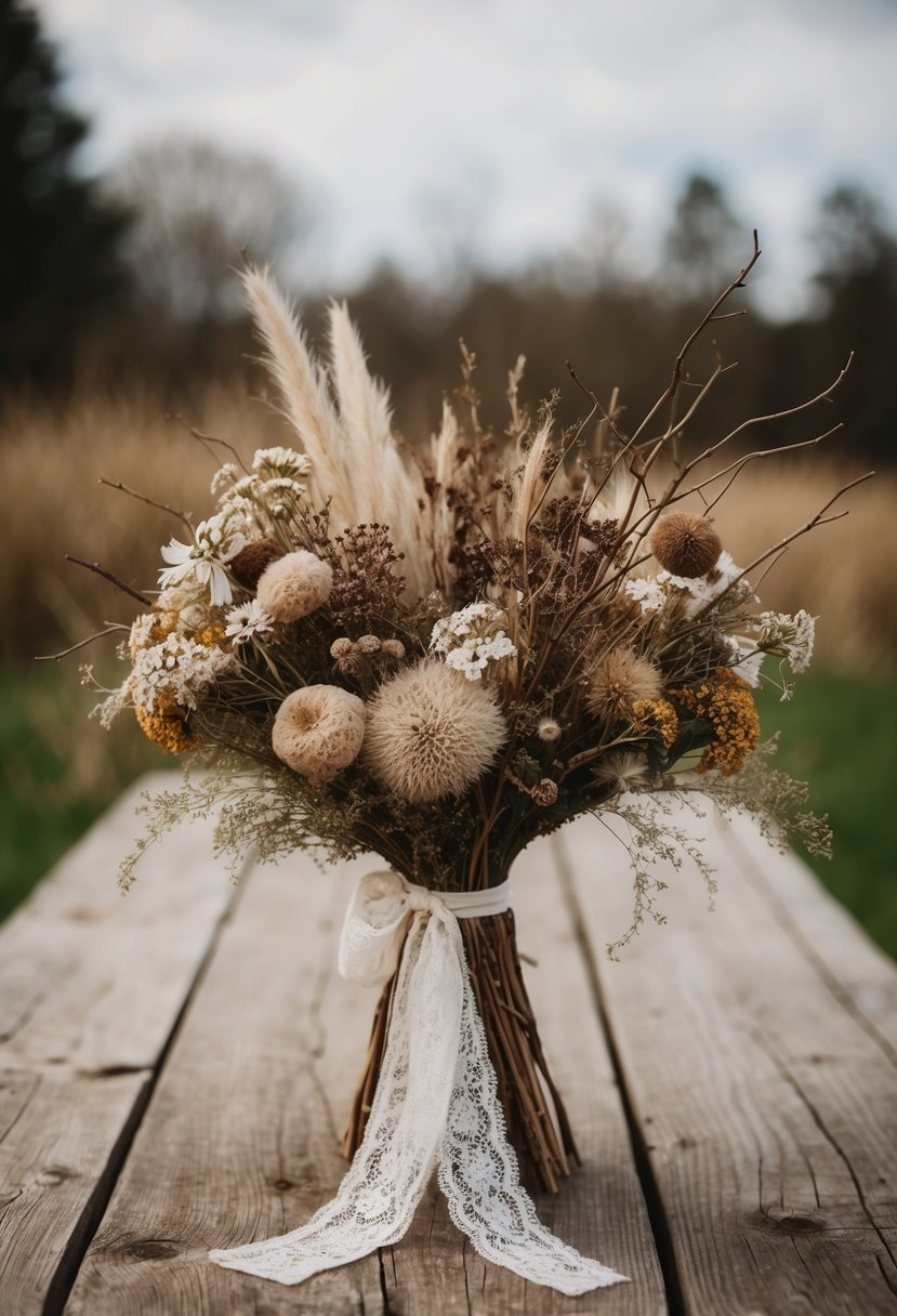 A wooden table adorned with a wild and romantic bouquet of dried flowers, twigs, and lace ribbons, evoking a vintage rustic wedding vibe