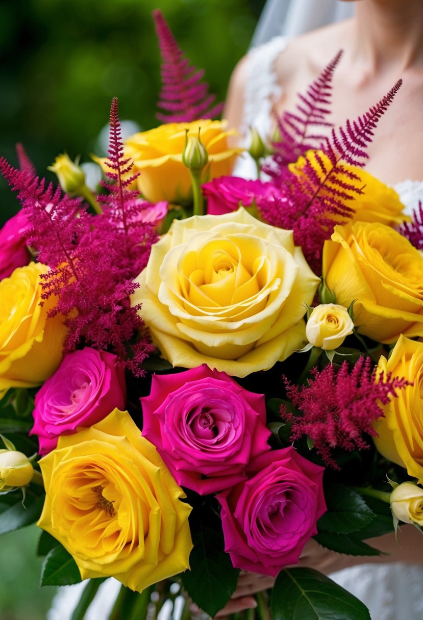 A vibrant bouquet of yellow and pink garden roses and astilbe, arranged in a charming and elegant wedding bouquet