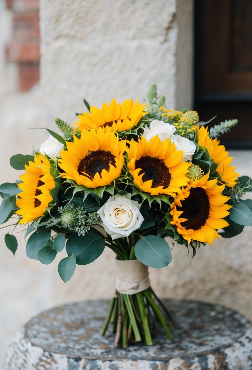 A rustic wedding bouquet featuring sunflowers and muted greens