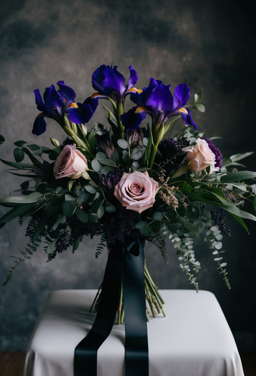 A dark, moody bouquet of purple irises and blush roses, with cascading greenery and black ribbon accents