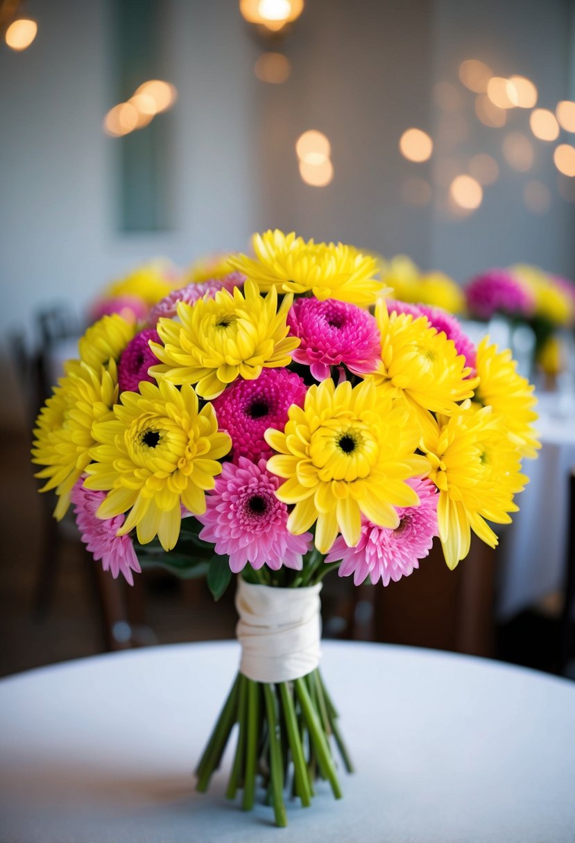 A vibrant cluster of yellow and pink chrysanthemums arranged in a chic wedding bouquet