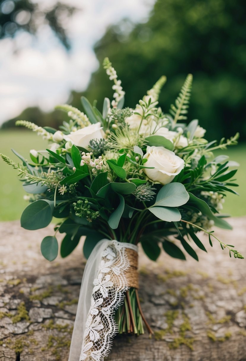 Lush greenery and delicate lace adorn a rustic wedding bouquet