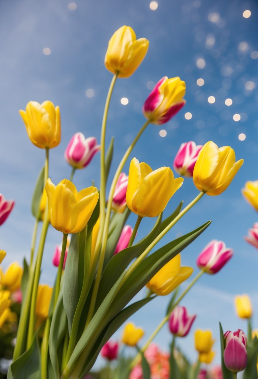 A vibrant bouquet of yellow and pink tulips twirling in the air