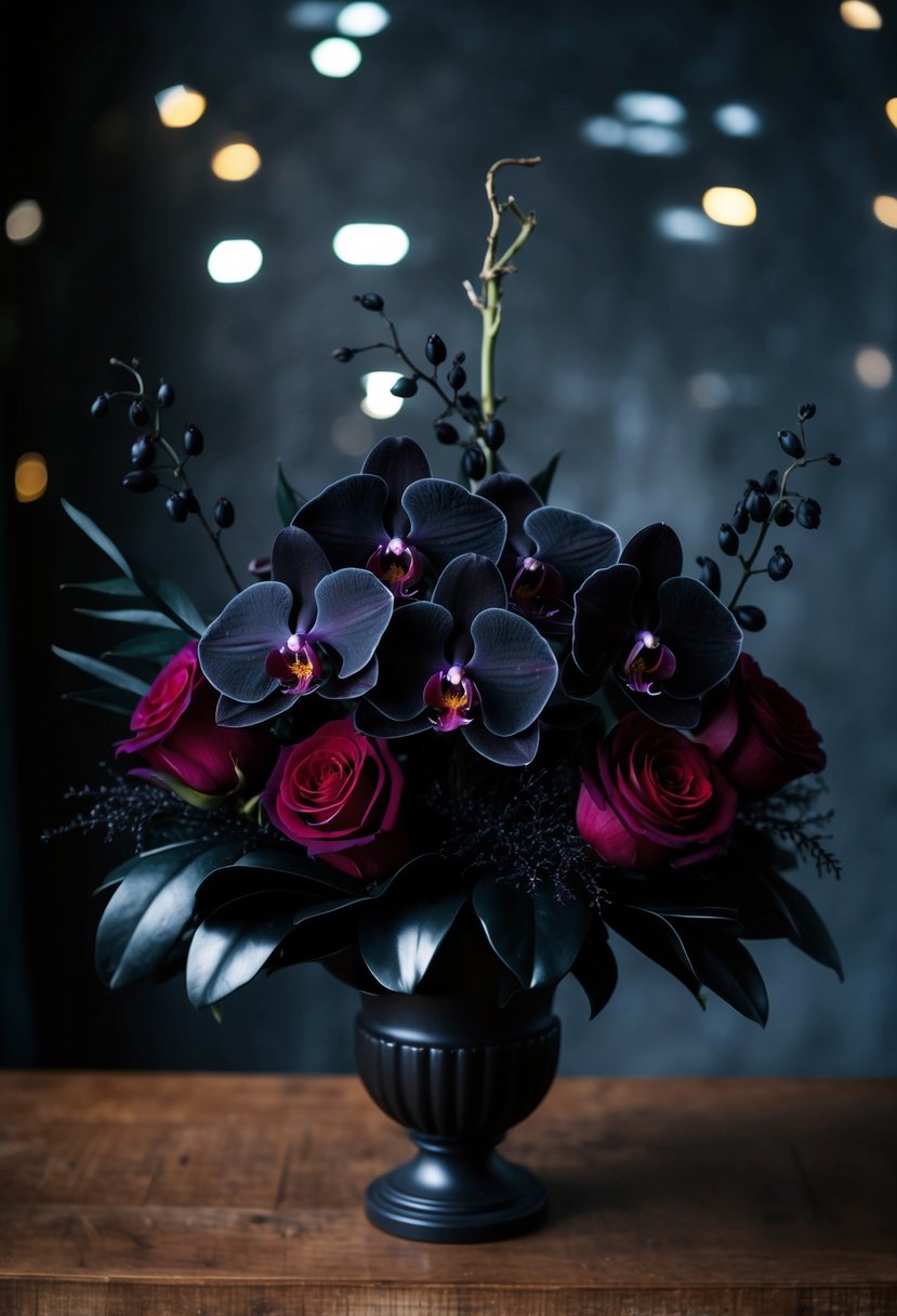 A dark, moody bouquet of black and deep purple orchids, accented with black foliage and deep red roses