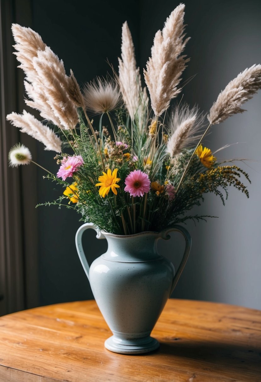 Pampas grass and wildflowers arranged in a vintage vase on a wooden table