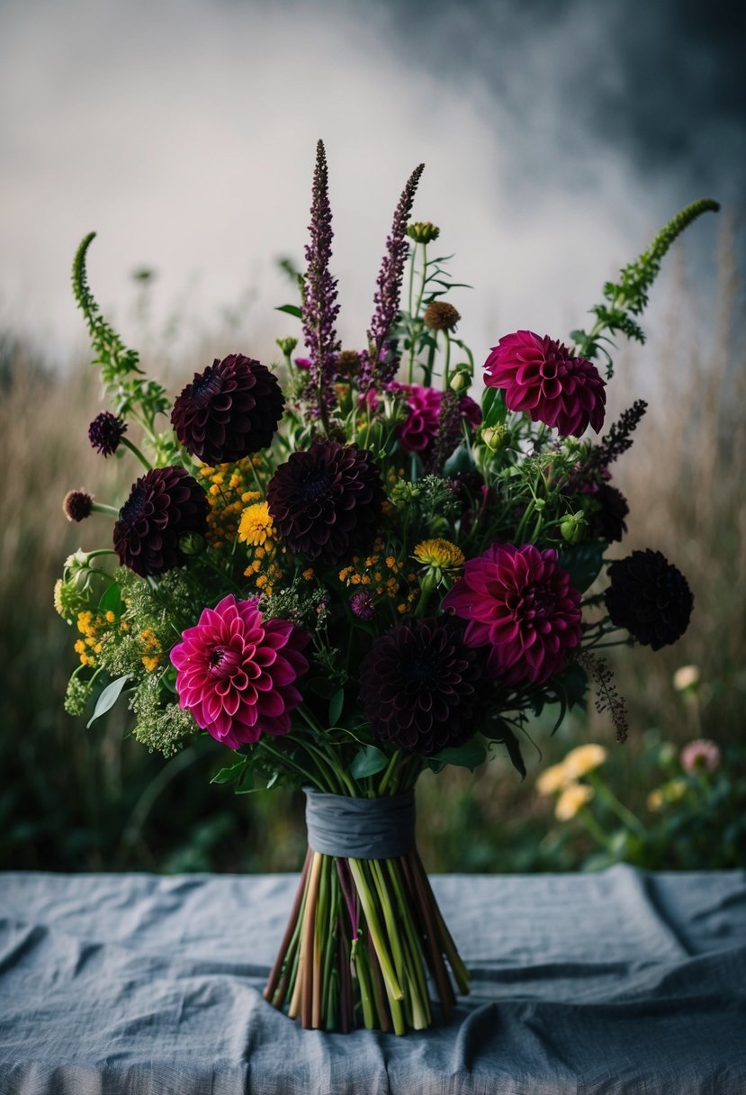 A lush bouquet of wildflowers, accented with dark dahlias, set against a moody backdrop