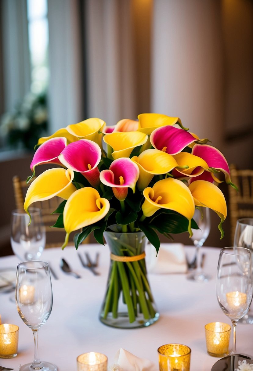 A vibrant bouquet of calla lilies, with yellow and pink contrasting colors, arranged in an elegant wedding setting