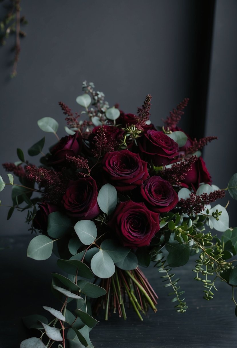 A dark, moody bouquet of burgundy roses and eucalyptus, with cascading greenery and deep red blooms