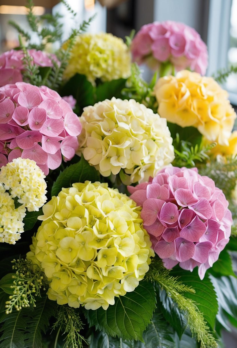 A lush bouquet of pink and yellow hydrangeas arranged in a harmonious display, accented with delicate greenery