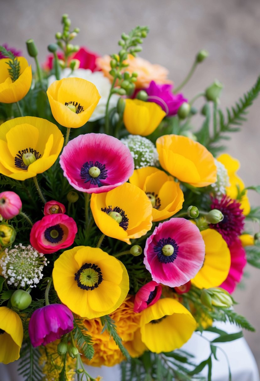 A vibrant yellow and pink wedding bouquet featuring poppies and other assorted flowers, arranged in a perfect, round shape