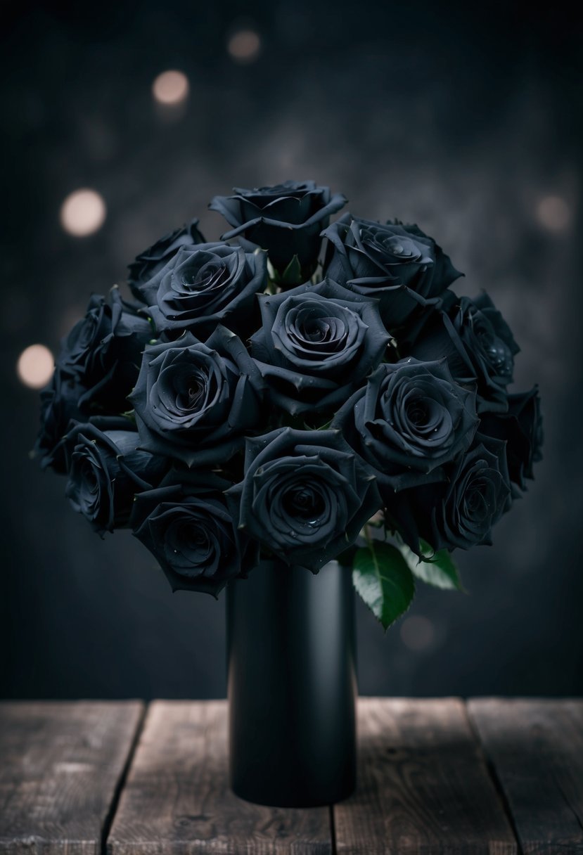 A bouquet of black roses, spray-painted with a gothic touch, arranged in a dramatic and moody fashion