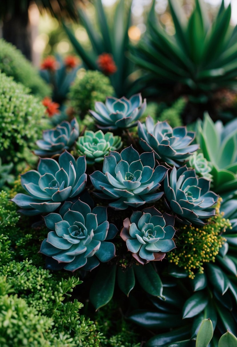 A lush bouquet of dark succulents amidst vibrant greenery