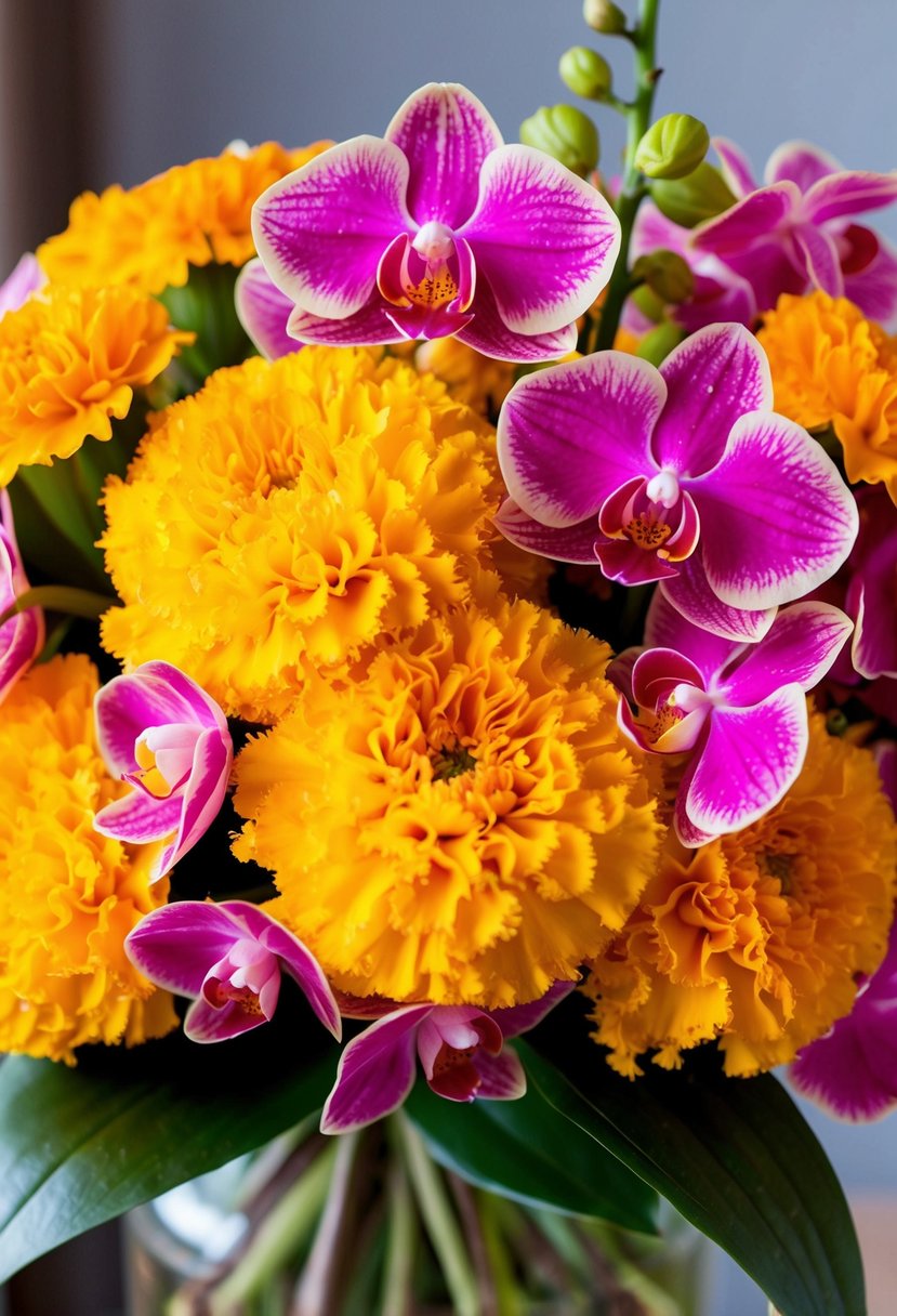 A vibrant bouquet of marigolds and orchids, blending yellow and pink hues, radiates joy and elegance