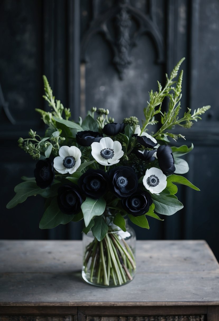 A bouquet of black anemones and dark amaranthus against a moody, gothic backdrop