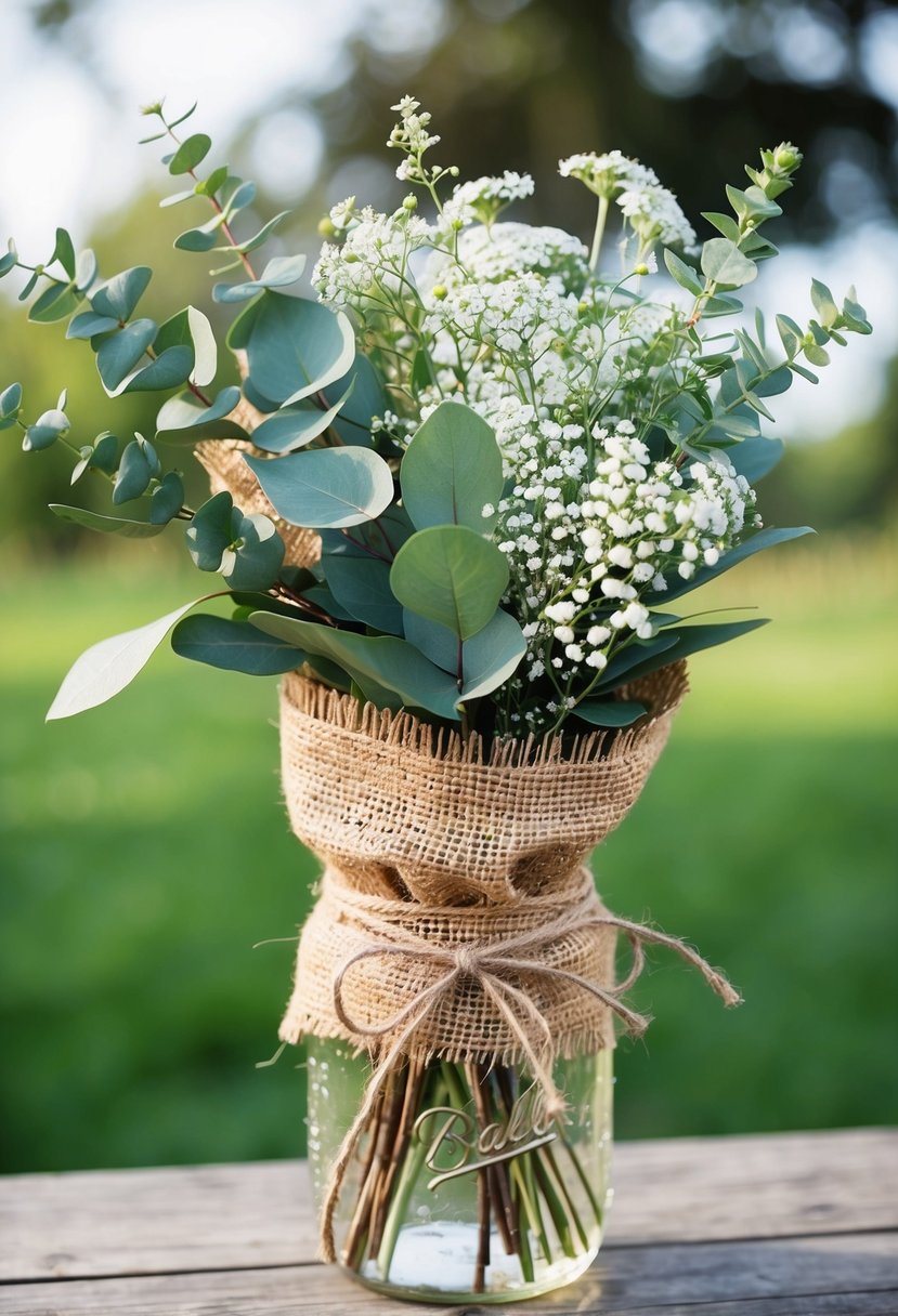 A burlap-wrapped bouquet of eucalyptus, baby's breath, and wildflowers tied with twine, arranged in a vintage mason jar