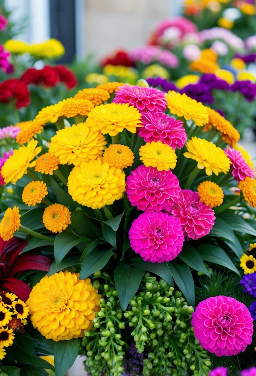 A vibrant bouquet of yellow and pink zinnias arranged in a lush, overflowing display, with greenery and other colorful flowers as accents