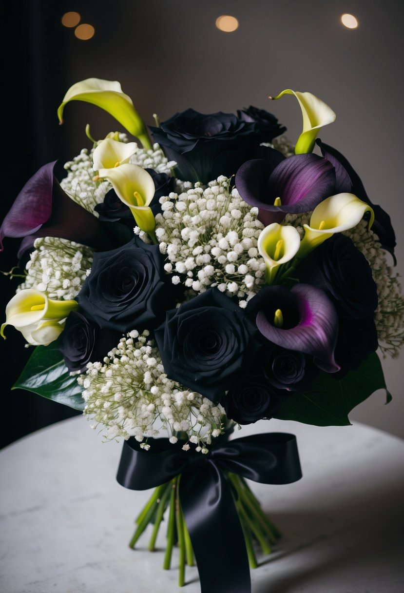 A dark, dramatic bouquet of white gypsophila mixed with black roses and deep purple calla lilies, tied with a black satin ribbon