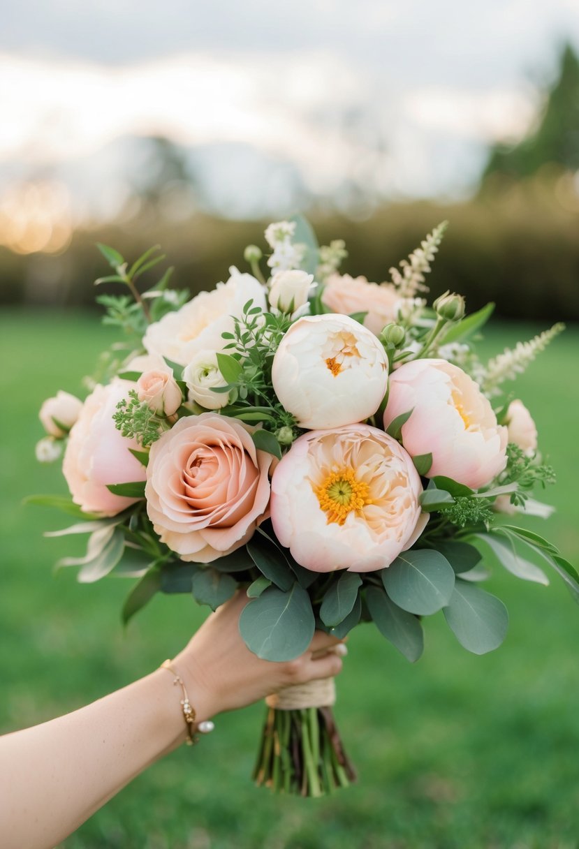 A vintage rustic wedding bouquet with garden-inspired blush hues, featuring delicate roses, peonies, and greenery