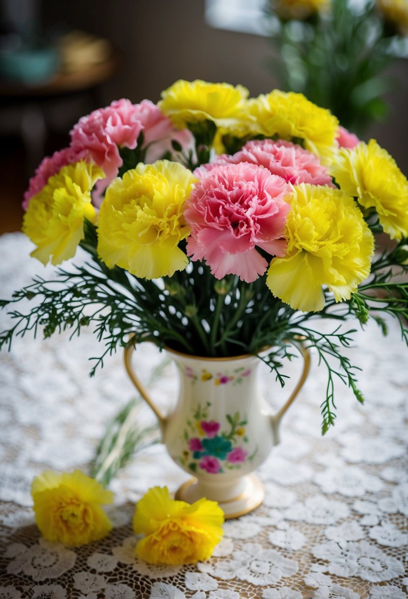 A vibrant bouquet of yellow and pink carnations, intertwined with delicate greenery, sits in a vintage vase on a lace-covered table