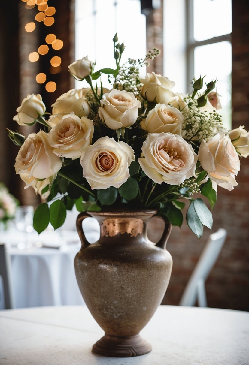 A rustic wedding bouquet of Old English roses in a vintage vase