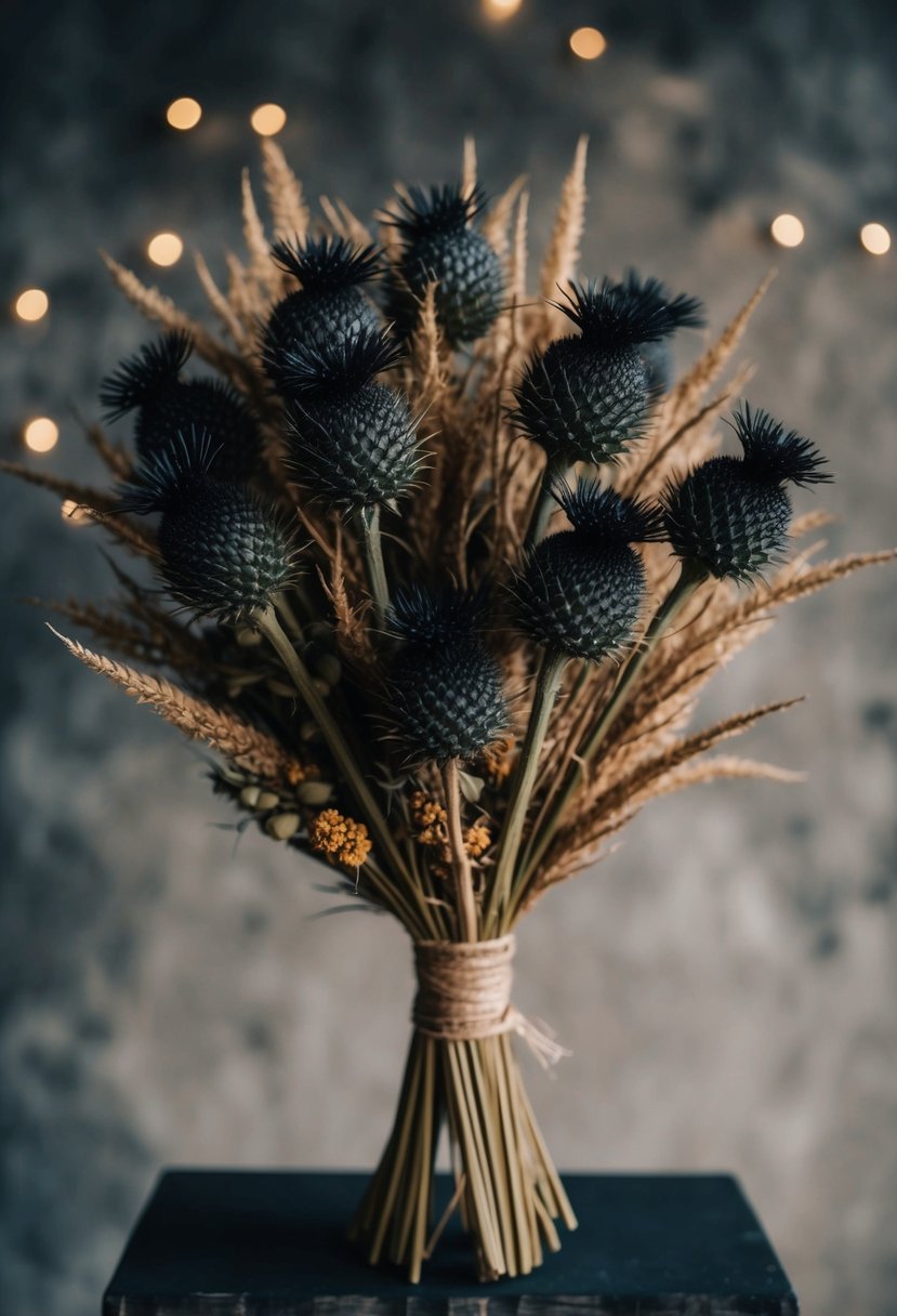 A bouquet of dried flowers, including black thistles, arranged in a gothic style