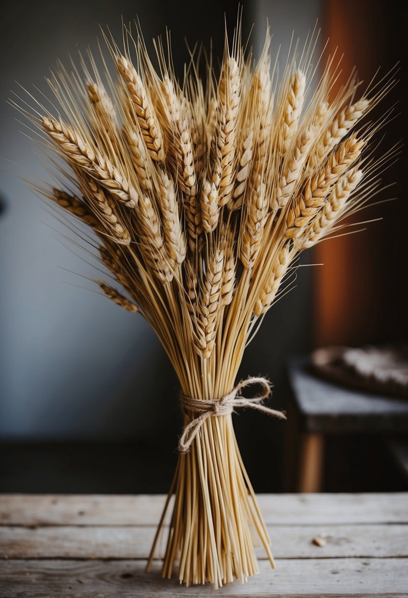 A rustic bouquet of dried wheat, tied with twine