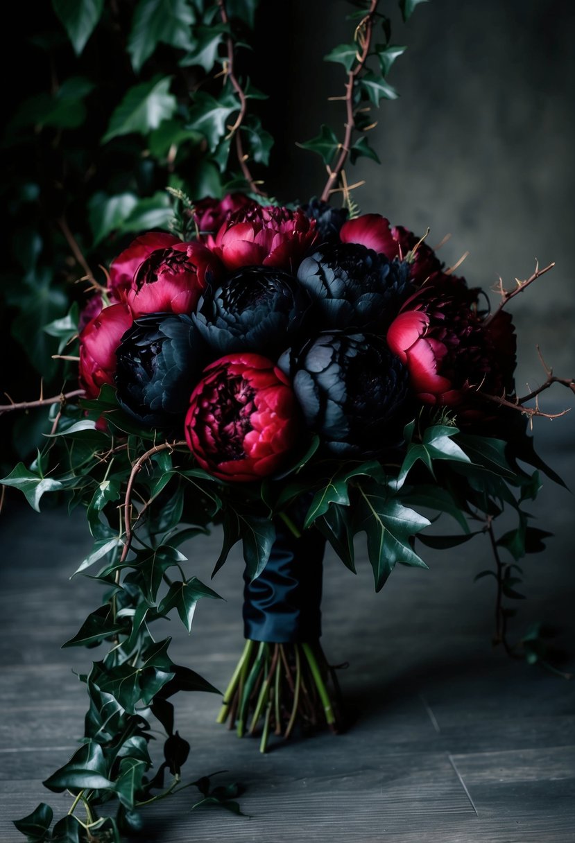 A dark, moody bouquet of deep red and black peonies, accented with cascading ivy and thorny vines, evoking a gothic wedding atmosphere