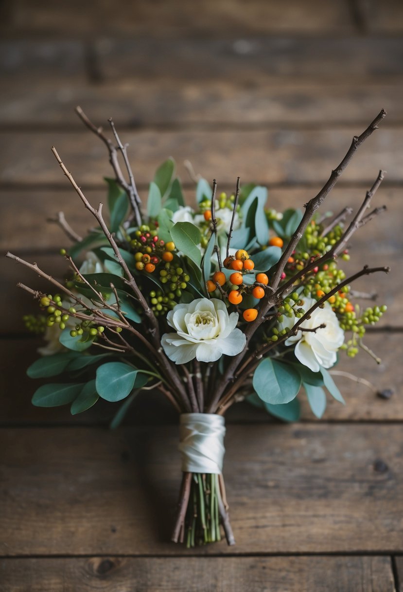 A cluster of rustic twigs and berries arranged in a vintage wedding bouquet