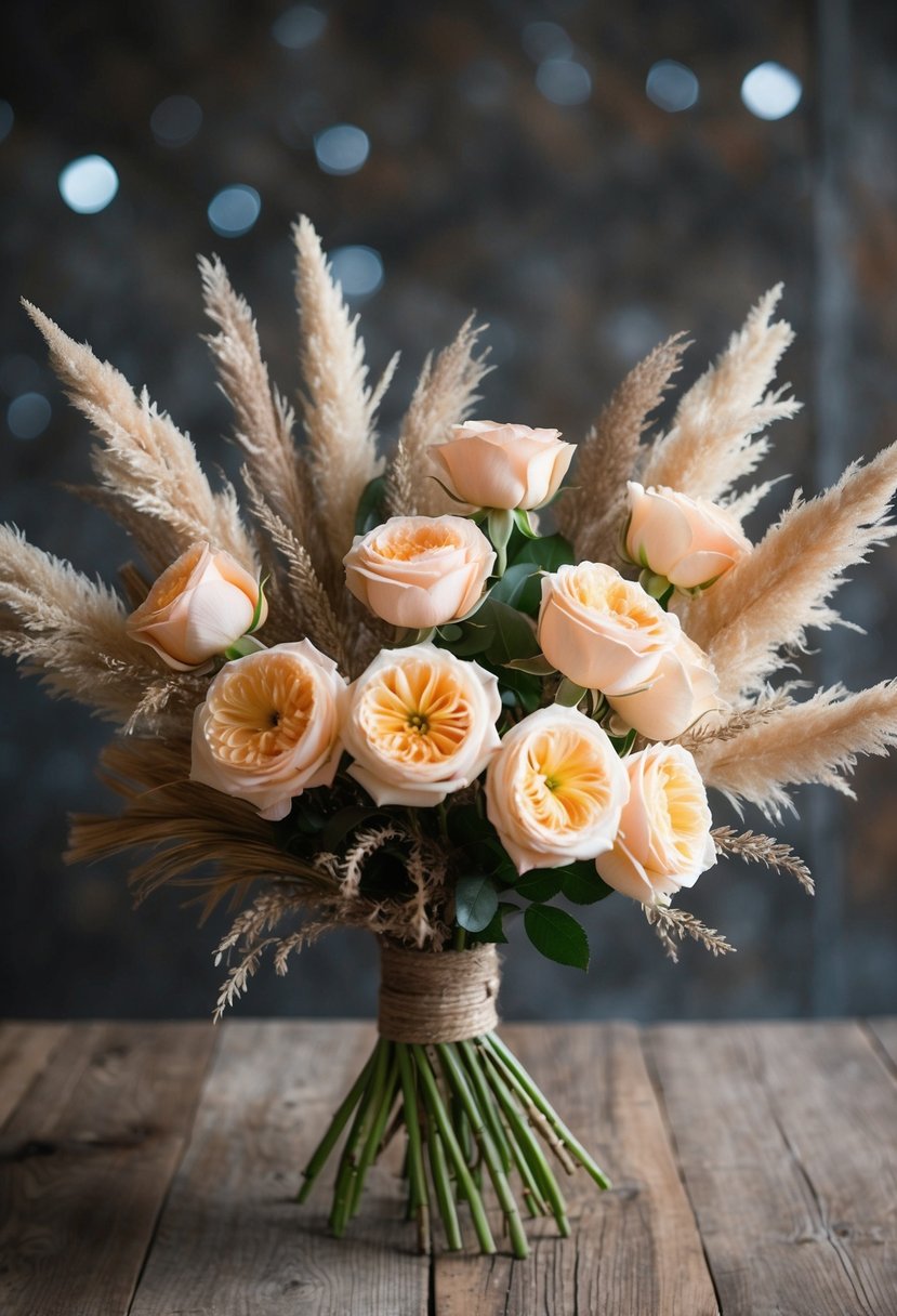 A bouquet of peach roses and pampas grass arranged in a vintage rustic style