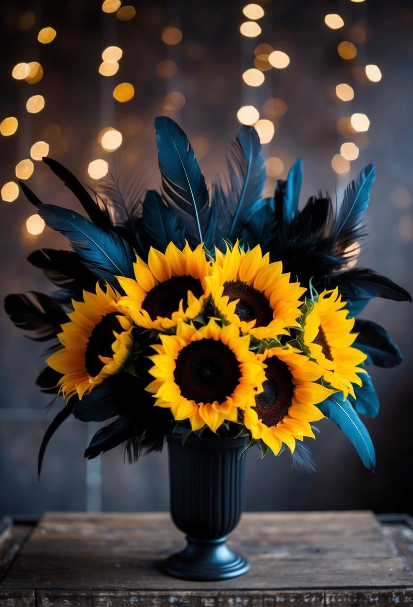 A bouquet of black sunflowers and feathers arranged in a gothic style