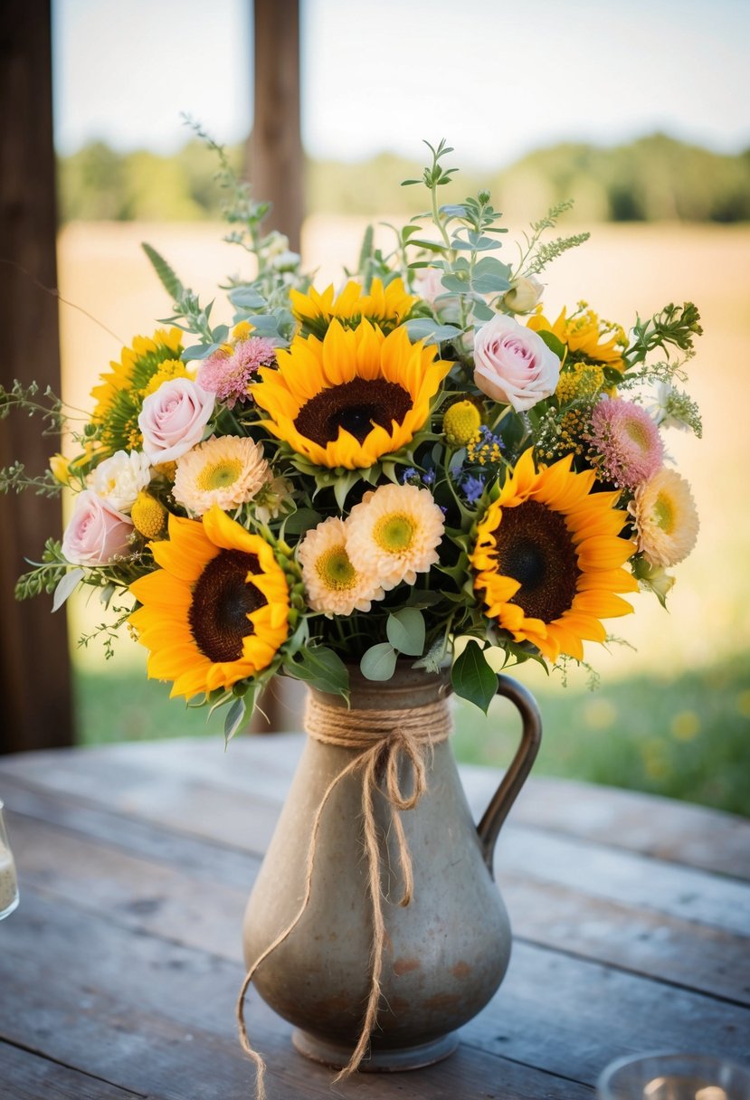 A rustic wedding bouquet featuring sunflowers and pastel wildflowers, tied with twine and displayed in a vintage vase