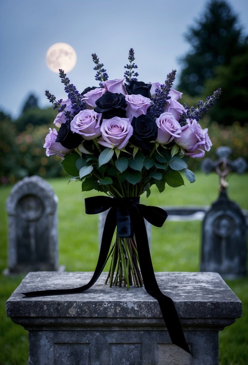 A haunting bouquet of lavender and black roses, tied with velvet ribbon, sits on a weathered stone altar in a moonlit garden