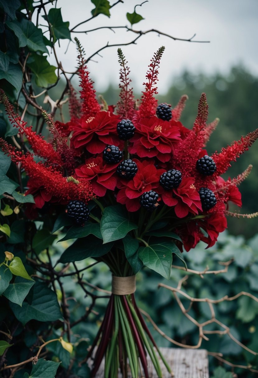 A lush bouquet of deep red amaranthus with pops of dark blackberries, set against a moody backdrop of ivy and thorny vines