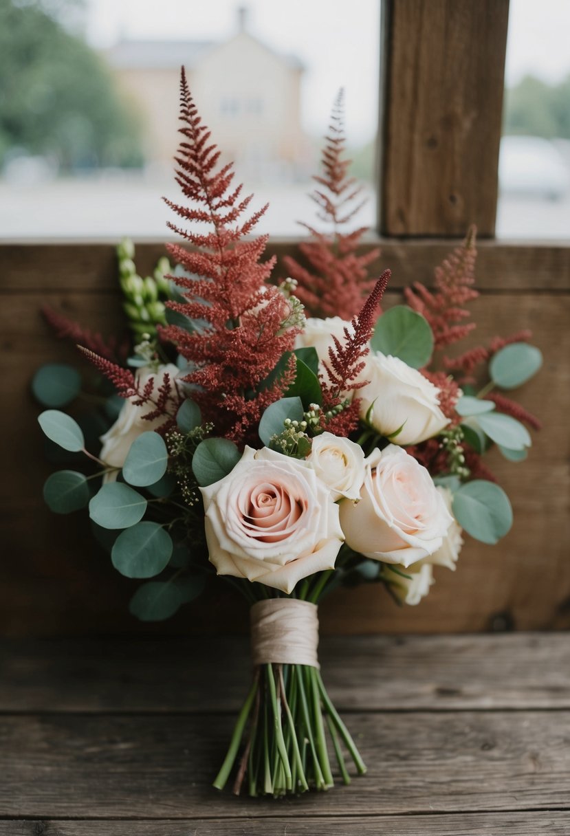 A vintage rustic wedding bouquet with soft astilbe and roses